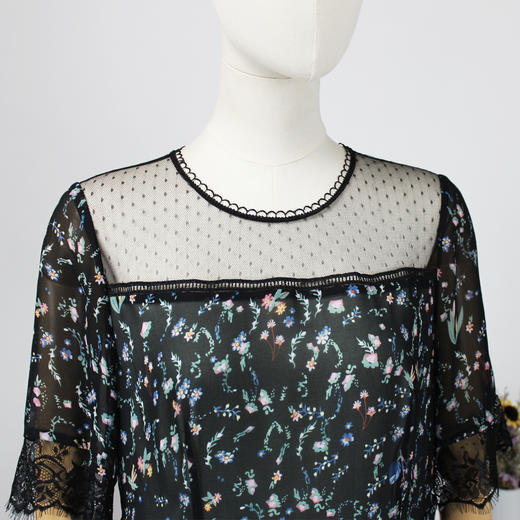 FOCALS福柯斯夏季圆领短袖雪纺印花拼接中长款连衣裙FRG2X100NV 商品图3