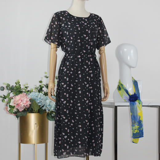 FOCALS福柯斯夏季圆领短袖雪纺印花中长款连衣裙F2YBX321AP 商品图1