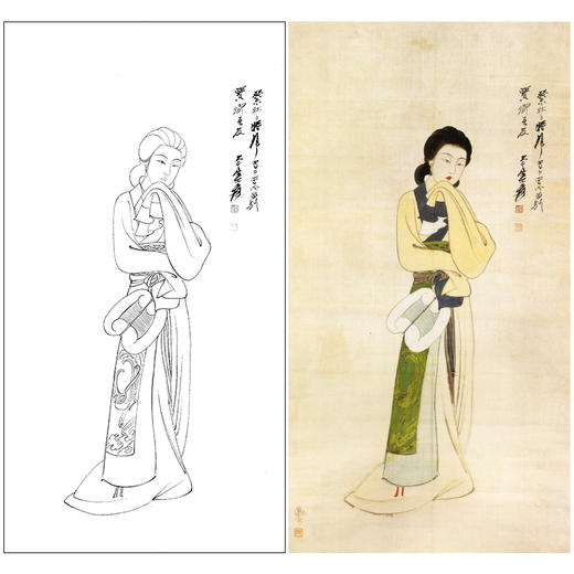张大千竖幅工笔传统仕女人物白描底稿-执扇仕女-QD60 商品图0