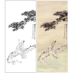张大千竖幅工笔传统人物白描底稿-《松阴高士》-多种白描尺寸可选-QD43