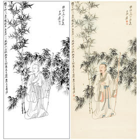 张大千竖幅工笔传统人物白描底稿-竹下人物-QD44