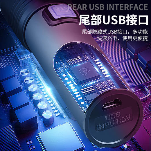 【多功能黑科技】强光手电筒USB充电铝合金手电LED迷你伸缩变焦UV验钞猫藓荧光检测 商品图3