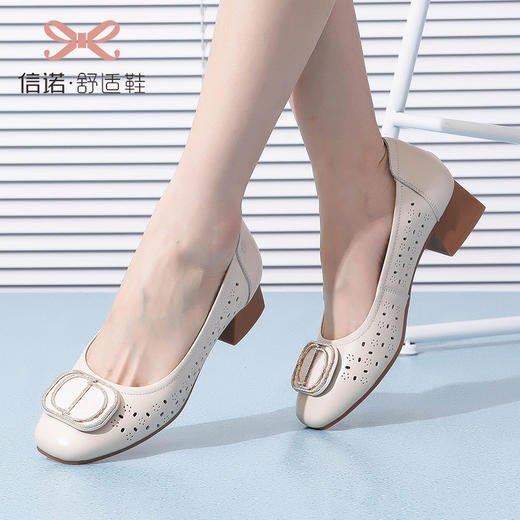 信诺 真皮舒适女鞋 妈妈鞋夏款透气凉鞋中跟中年软底气质粗跟单鞋22C1931-011 商品图4