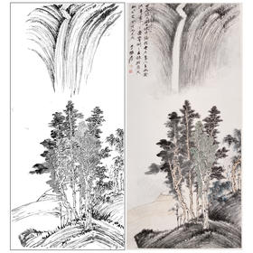 张大千竖幅工笔山水白描底稿-《飞瀑》-多种白描尺寸可选-QD10