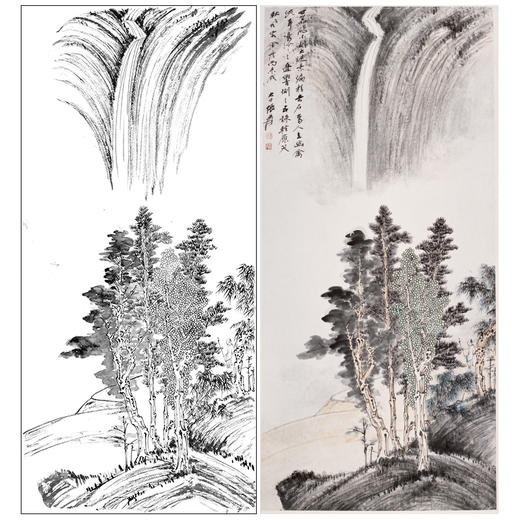 张大千竖幅工笔山水白描底稿-《飞瀑》-多种白描尺寸可选-QD10 商品图0