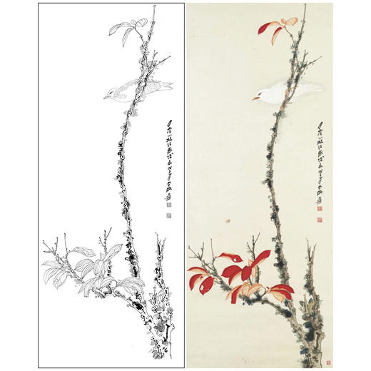 张大千竖幅工笔花鸟白描底稿-红叶-QD31 商品图0