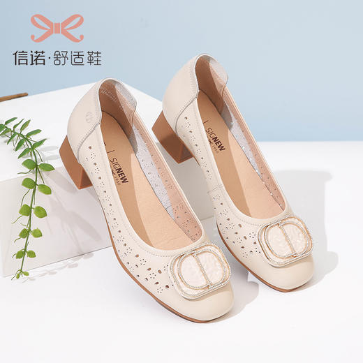 信诺 真皮舒适女鞋 妈妈鞋夏款透气凉鞋中跟中年软底气质粗跟单鞋22C1931-011 商品图1