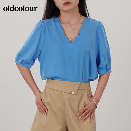 oldcolour21夏洋气减龄泡泡袖高级感V领衬衫百搭N21012135 商品图1