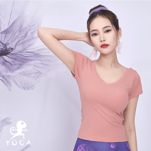 壁虎瑜伽【2205SY175】V领齐腰亲肤短袖（一体式胸垫）（5天发货） 商品图0