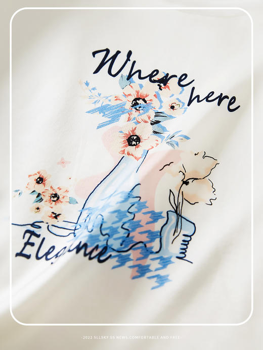 【专属特价】熙世界桑蚕真丝T恤女短袖夏新款圆领油画感印花体恤衫上衣 商品图4