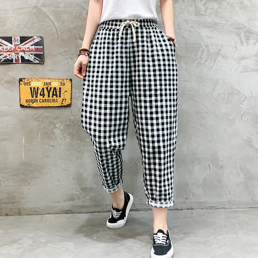 NP  TB671349092570棉麻阔腿裤女夏2022宽松大码花色哈伦裤显瘦休闲九分灯笼妈妈裤子 商品图3