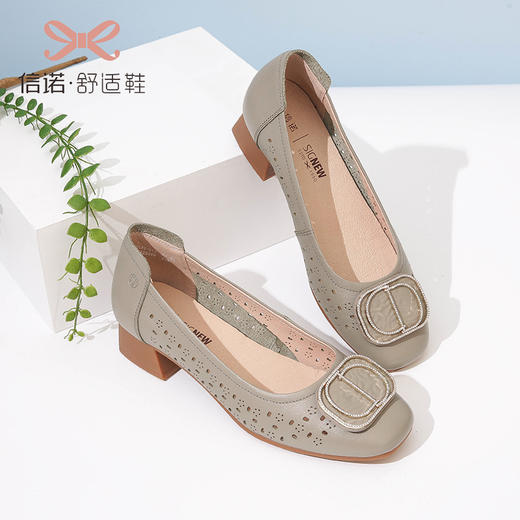 信诺 真皮舒适女鞋 妈妈鞋夏款透气凉鞋中跟中年软底气质粗跟单鞋22C1931-011 商品图3