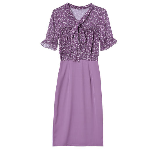 A6073新款蝴蝶结系带气质荷叶边修身显瘦拼接印花连衣裙 商品图4