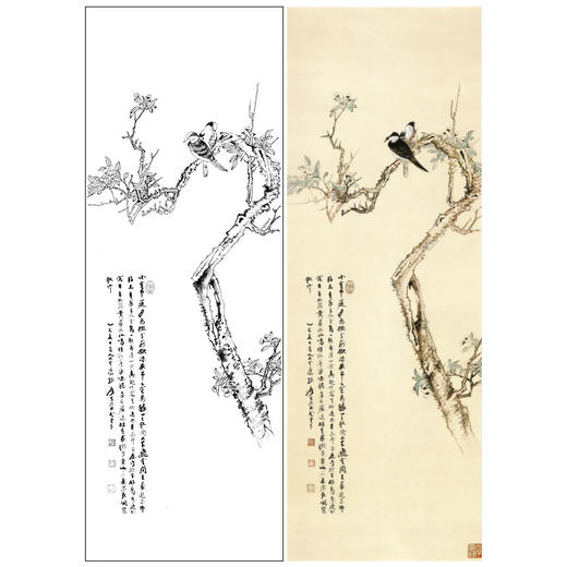 张大千竖幅工笔花鸟白描底稿-《海棠双鹊》-多种白描尺寸可选-QD36 商品图0