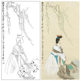 张大千竖幅工笔传统仕女人物白描底稿-QD48