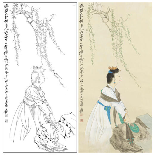 张大千竖幅工笔传统仕女人物白描底稿-QD48 商品图0