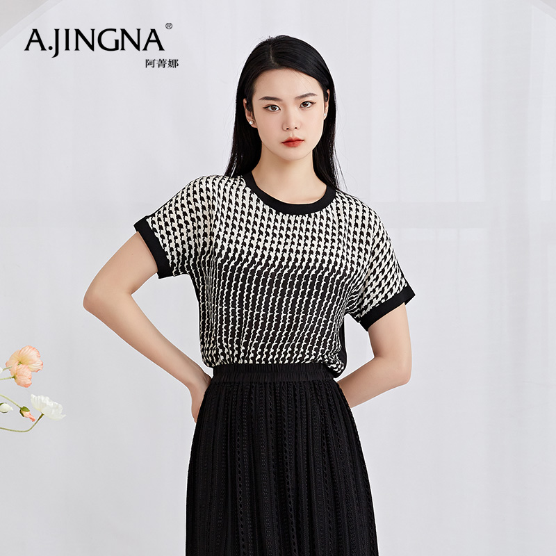 【商城同款】阿菁娜春夏桑蚕丝黑白定位印花圆领连肩袖上衣小衫A27X202035