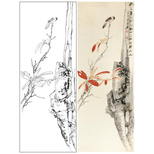 张大千竖幅工笔花鸟白描底稿-红叶小鸟-QD30 商品图0