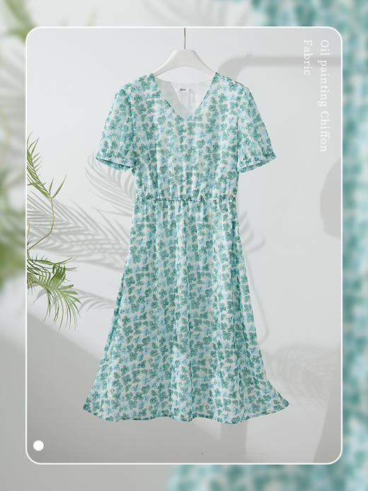 【专属特价】熙世界气质V领浪漫绿色碎花连衣裙夏新款收腰显瘦雪纺A字仙女裙 商品图3