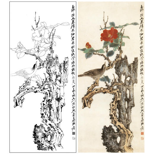 张大千竖幅工笔花鸟白描底稿-《茶鹊图》-多种白描尺寸可选-QD37 商品图0