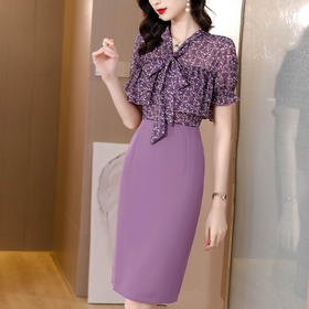 A6073新款蝴蝶结系带气质荷叶边修身显瘦拼接印花连衣裙