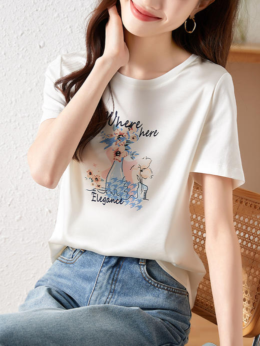 【专属特价】熙世界桑蚕真丝T恤女短袖夏新款圆领油画感印花体恤衫上衣 商品图1