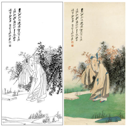 张大千竖幅工笔传统人物白描底稿-《杖经图》-多种白描尺寸可选-QD45 商品图0