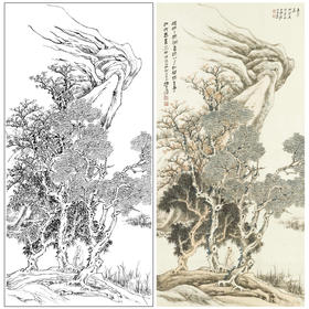 张大千竖幅工笔山水人物白描底稿-QD06