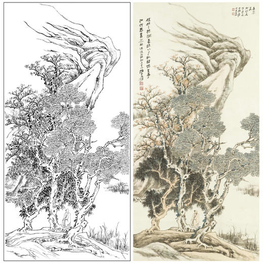 张大千竖幅工笔山水人物白描底稿-QD06 商品图0