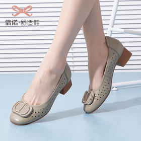 信诺 真皮舒适女鞋 妈妈鞋夏款透气凉鞋中跟中年软底气质粗跟单鞋22C1931-011