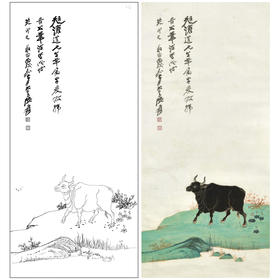 张大千竖幅工笔动物-牛-白描底稿-QD39