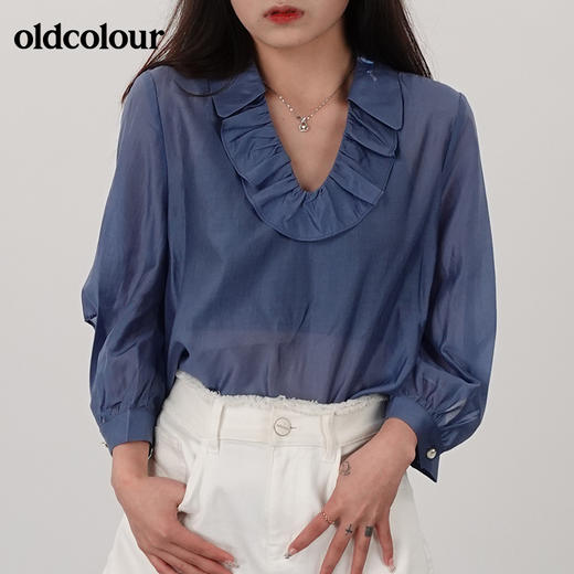 oldcolour21夏木耳领轻透小v领短袖衬衫N21012154 商品图1