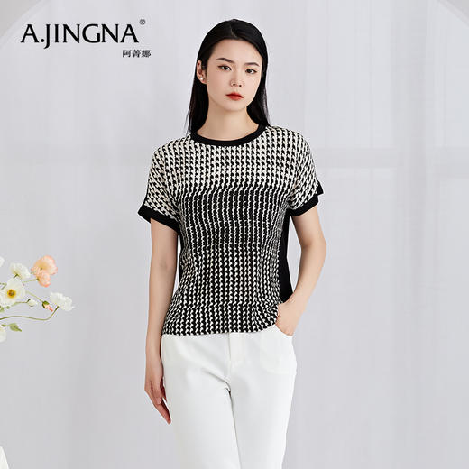 【商城同款】阿菁娜春夏桑蚕丝黑白定位印花圆领连肩袖上衣小衫A27X202035 商品图3