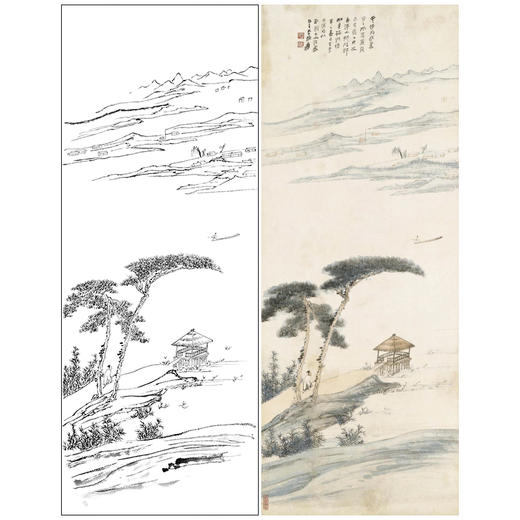 张大千竖幅工笔山水白描底稿-QD16 商品图0