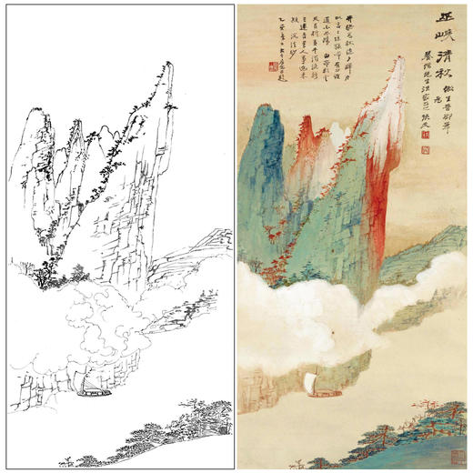 张大千竖幅工笔山水白描底稿-QD18 商品图0