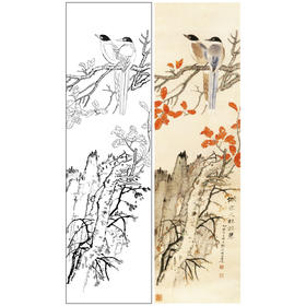 张大千竖幅工笔花鸟白描底稿-《红叶双栖》-多种白描尺寸可选-QD34