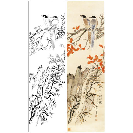 张大千竖幅工笔花鸟白描底稿-《红叶双栖》-多种白描尺寸可选-QD34 商品图0