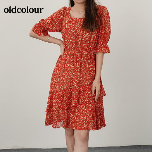 oldcolour21夏方领碎花高腰连衣裙薄款减龄N21101178 商品图2