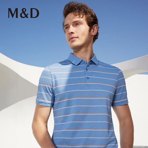 【桑蚕丝】名盾条纹翻领短袖蓝色Polo衫吸湿透气防嗮凉感商务男装 商品图2