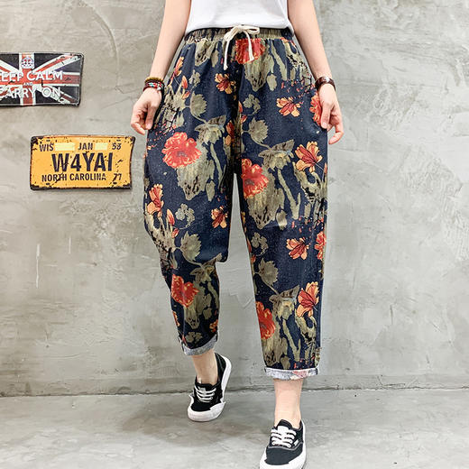 NP  TB671349092570棉麻阔腿裤女夏2022宽松大码花色哈伦裤显瘦休闲九分灯笼妈妈裤子 商品图0