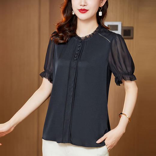 短袖夏装桑蚕丝衬衣，大码女绣花丝绸洋气真丝衬衫KQN-28353 商品图2