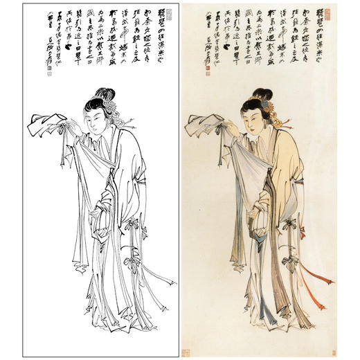 张大千竖幅工笔传统人物白描底稿-琵琶仕女-QD51 商品图0