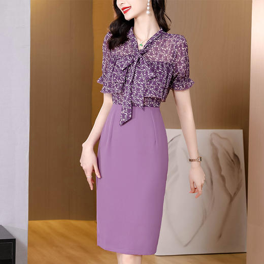 A6073新款蝴蝶结系带气质荷叶边修身显瘦拼接印花连衣裙 商品图3