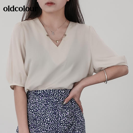 oldcolour21夏洋气减龄泡泡袖高级感V领衬衫百搭N21012135 商品图0