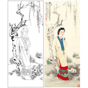 张大千竖幅工笔传统仕女人物白描底稿-QD58