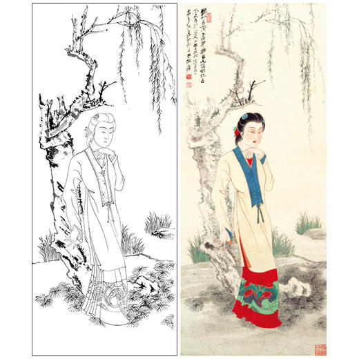 张大千竖幅工笔传统仕女人物白描底稿-QD58 商品图0