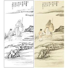 张大千竖幅工笔山水人物白描底稿-QD42