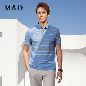 【桑蚕丝】名盾条纹翻领短袖蓝色Polo衫吸湿透气防嗮凉感商务男装