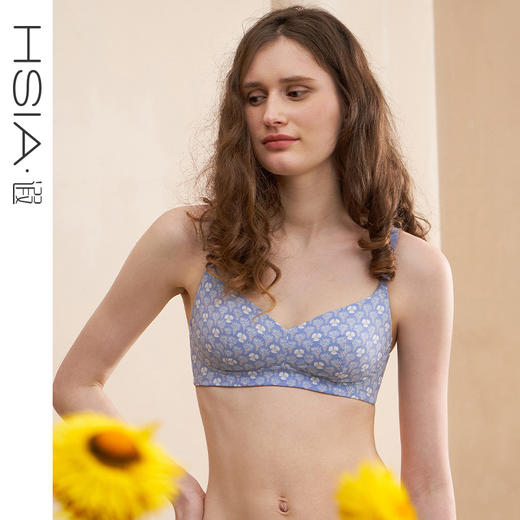 HSIA遐 无钢圈内衣女夏季田园印花全罩杯U型上托光面大胸显小文胸 商品图0