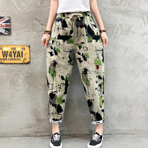 NP  TB671349092570棉麻阔腿裤女夏2022宽松大码花色哈伦裤显瘦休闲九分灯笼妈妈裤子 商品图2